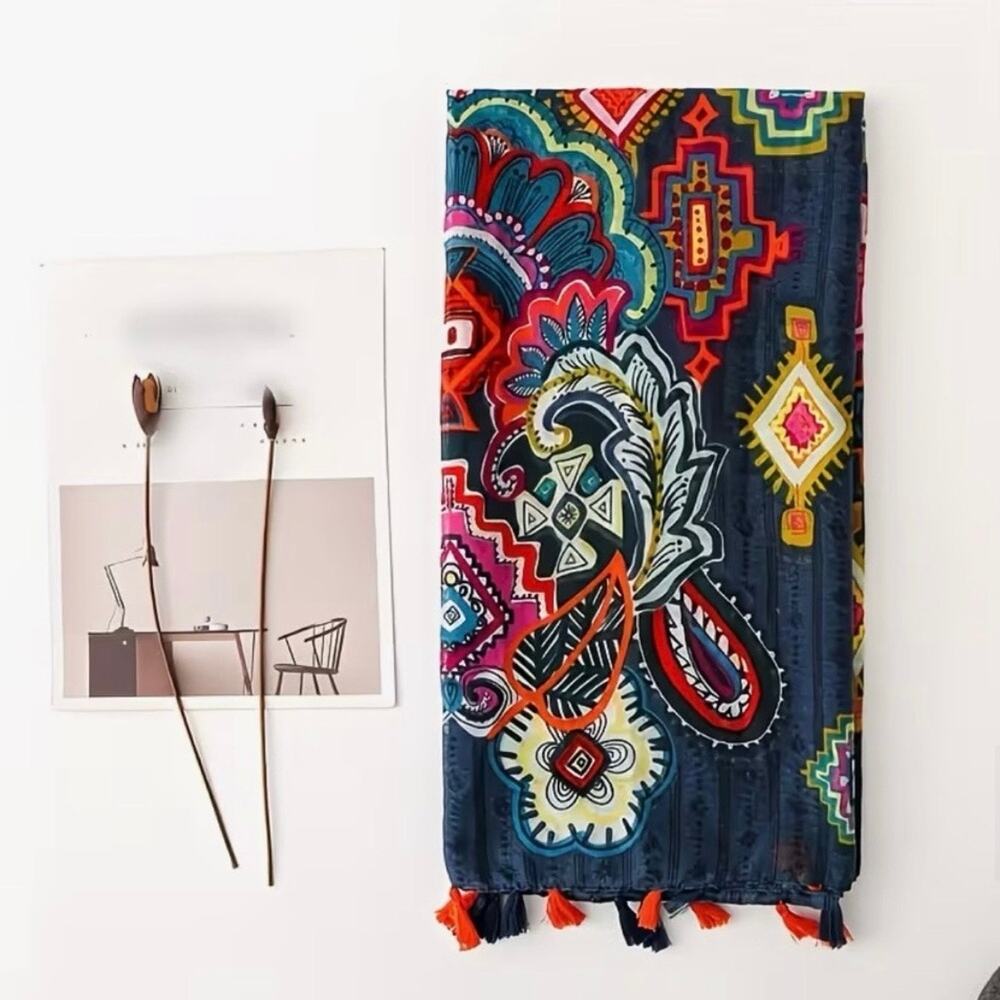 Blue Bohemian Tribal Print Scarf Lightweight Shawl Orange Tassel Wrap Boho Indie